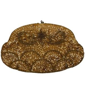 Vintage Sharonee Hand Beaded Sequin Clutch Purse Gold Evening Bag Kiss Lock